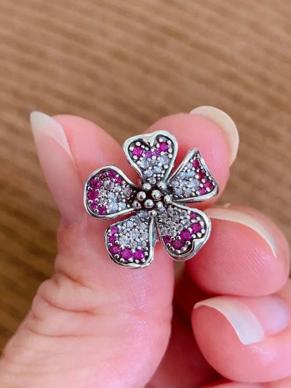 Pink Pavé Peach Blossom Oversized Flower Charm | 925 Sterling Silver, Pink CZs